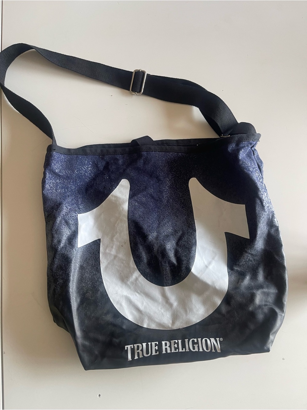 True Religion Black Messenger Bag with White Logo